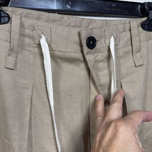 (J) Zara Women Linen Blend Cargo Pants Beige, Straight Leg, Wide Cuffs at Ankle - Picture 9 of 13